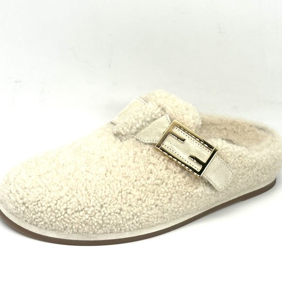 FENDI Feel FF Shearling  Buckled Sabots Mules Slides Flat Clog Sandals - Picture 8 of 16